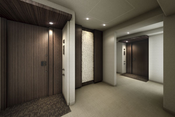 Features of the building.  [Inner hallway] Adopt an inner corridor of the hotel feeling shared hallway. rain ・ Comfortable not reach the wind, Also without even having to worry about the line of sight from the outside, Space worthy of the life of the mansion sense has been directed (Rendering)