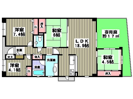 Floor plan. 4LDK, Price 23.8 million yen, Occupied area 93.89 sq m , Floor plan of the balcony area 1.4 sq m 4LDK!