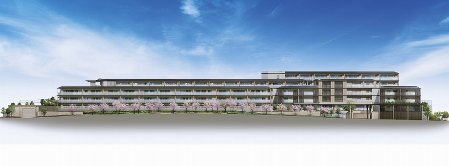 Beautiful land plan of 6 buildings structure to honor the style of low-rise housing. Such as the two-layer blow-by of the entrance hall and relaxation lounge, Hotel-like shared facilities are also available (Exterior view)