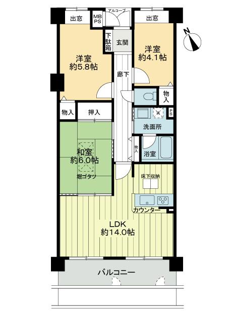 Floor plan. 3LDK, Price 13.8 million yen, Occupied area 65.39 sq m , Balcony area 8.12 sq m