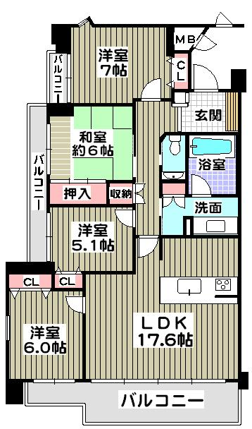 Floor plan. 4LDK, Price 36,800,000 yen, Footprint 94.7 sq m , Balcony area 17.11 sq m