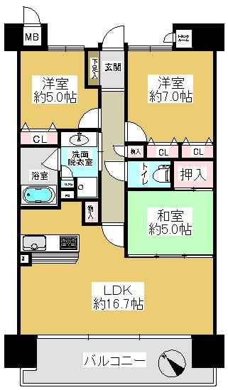 Floor plan. 3LDK, Price 17.5 million yen, Occupied area 75.42 sq m , Balcony area 12.96 sq m