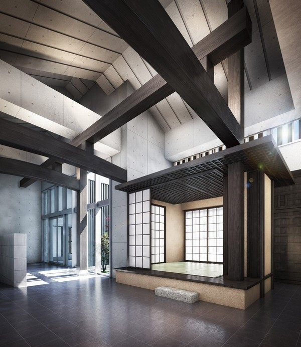 Hall was designed the design of the sum. The high ceiling space by taking advantage of Zushi second floor, Growth pillars and beams, Emphasize the three-dimensional effect. Also, Lined with tatami in surrounded by shoji and makeup ceiling "Koagari" is also installed (town and entrance Rendering)