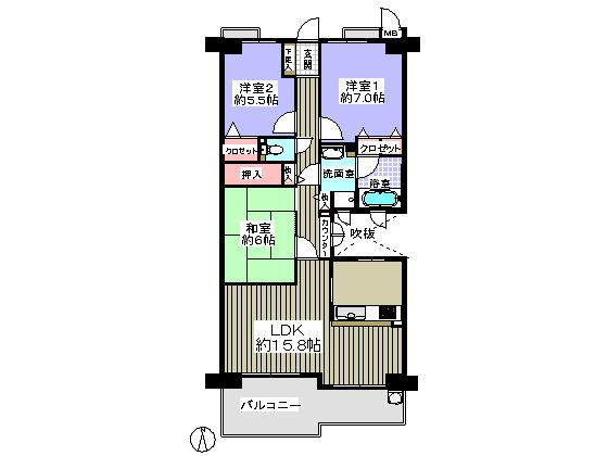 Floor plan. 3LDK, Price 13.5 million yen, Occupied area 77.76 sq m , Balcony area 12.7 sq m