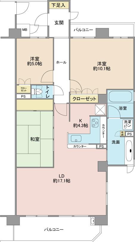 Floor plan. 3LDK, Price 32,300,000 yen, Occupied area 93.52 sq m , Balcony area 12.69 sq m