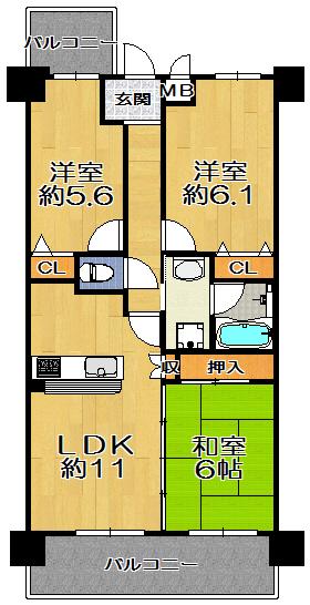 Floor plan. 3LDK, Price 8.9 million yen, Footprint 64.9 sq m , Balcony area 11.85 sq m