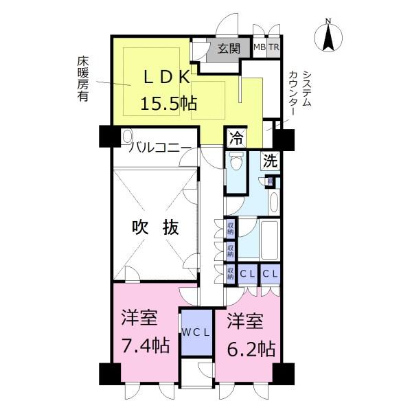 Floor plan. 2LDK, Price 29,800,000 yen, Occupied area 72.63 sq m , Balcony area 5.25 sq m