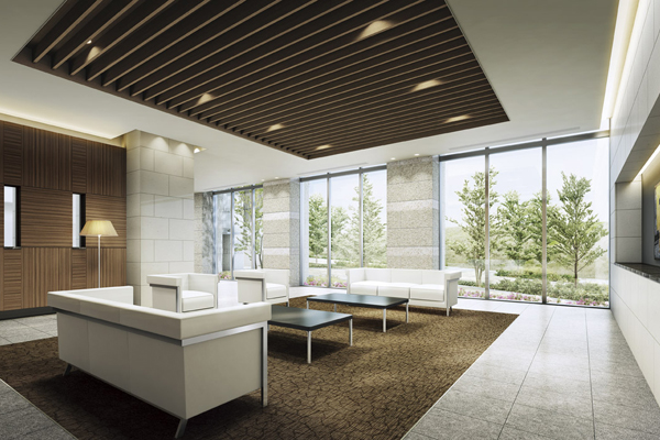 Features of the building.  [Lounge] The back of the entrance hall, such as the corridor quiet in invites people, Elegant lounge has provided a beautiful garden (Rendering)