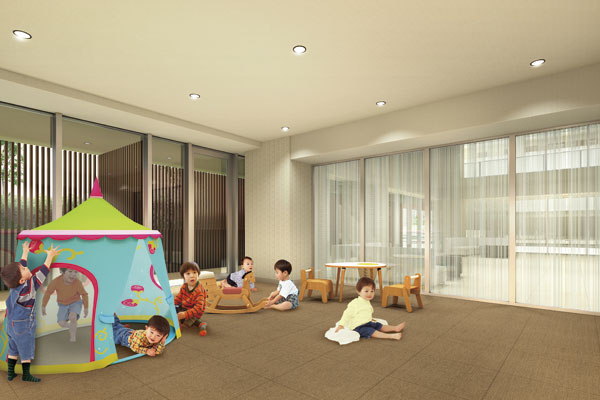 Shared facilities.  [Kids Room] Indoor play space to play in healthy children even on rainy days. Because it is adjacent to the entrance hall, Relax in the hall of the sofa, You can check the state of the children through the glass (free of charge / Rendering)