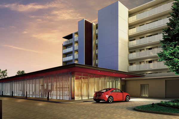 Features of the building.  [Porte-cochere (South Residence)] When you use the car, Approach to the building is smooth porte-cochere. It is also useful when a lot of luggage (Rendering)