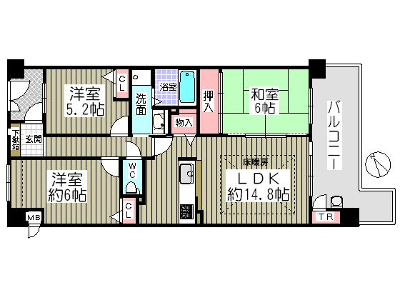 Floor plan. 3LDK, Price 14.8 million yen, Occupied area 71.43 sq m , Balcony area 13.64 sq m