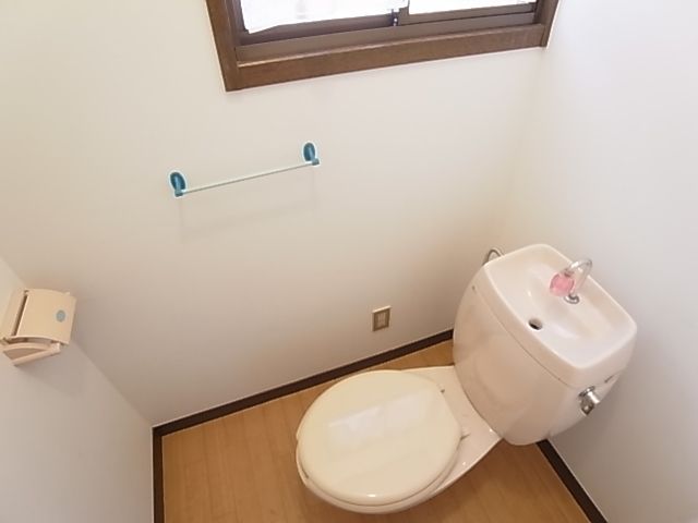 Toilet. Windows that are equipped pat on the toilet