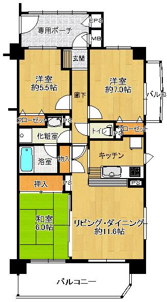 Floor plan. 3LDK, Price 16,900,000 yen, Footprint 76.2 sq m , Balcony area 14.69 sq m