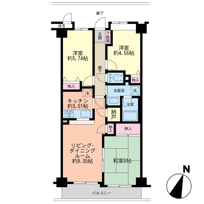 Floor plan. 3LDK, Price 14.8 million yen, Occupied area 64.38 sq m , Balcony area 6.96 sq m indoor floor plan