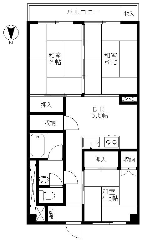 Floor plan. 3DK, Price 3 million yen, Occupied area 54.45 sq m , Balcony area 7.15 sq m
