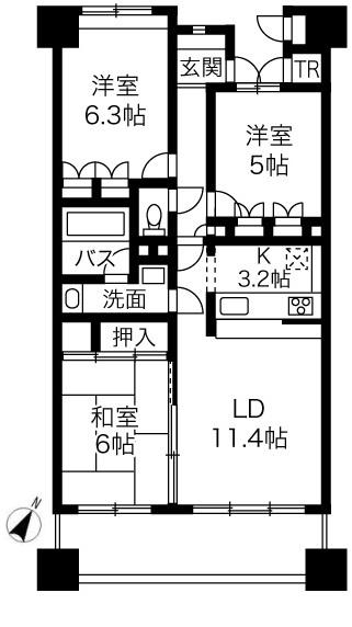Floor plan. 3LDK, Price 15.5 million yen, Occupied area 70.96 sq m , Balcony area 11.34 sq m