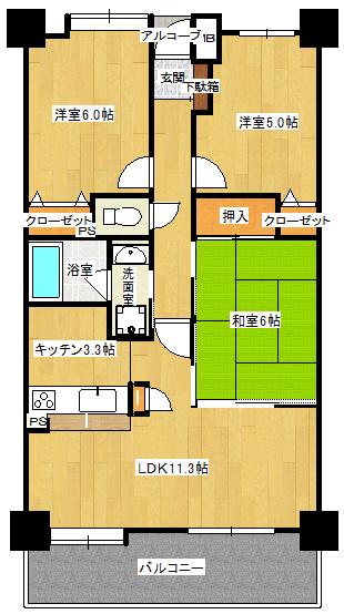 Floor plan. 3LDK, Price 12.5 million yen, Occupied area 66.52 sq m , Balcony area 11.5 sq m 3LDK