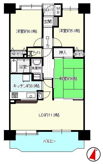 Floor plan. 3LDK, Price 12.5 million yen, Occupied area 66.52 sq m , Balcony area 11.5 sq m