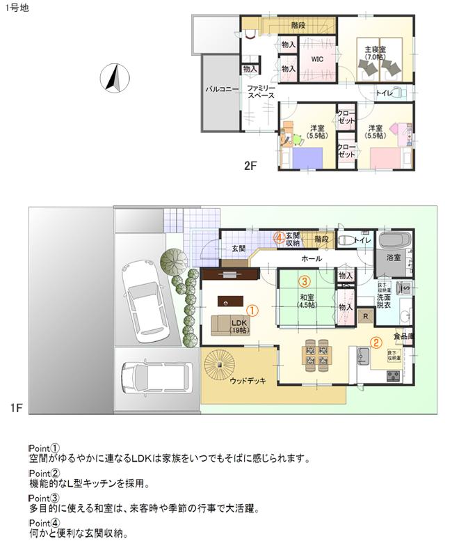 Floor plan.  [No. 1 destination] So we have drawn on the basis of the Plan view] drawings, Plan and the outer structure ・ Planting, such as might actually differ slightly from.  Also, furniture ・ Car, etc. are not included in the price.   ※ WIC = walk-in closet