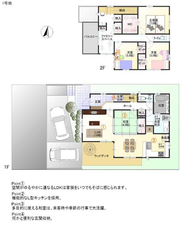 Floor plan.  [No. 1 destination] So we have drawn on the basis of the Plan view] drawings, Plan and the outer structure ・ Planting, such as might actually differ slightly from.  Also, furniture ・ Car, etc. are not included in the price.   ※ WIC = walk-in closet