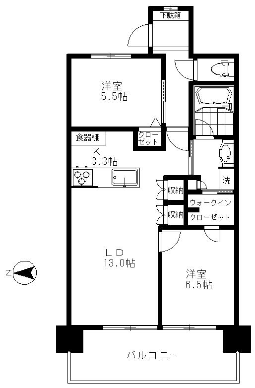 Floor plan. 2LDK, Price 17 million yen, Footprint 64.7 sq m , Balcony area 12.4 sq m