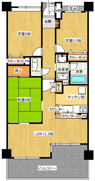 Floor plan. 3LDK, Price 15.8 million yen, Footprint 68.8 sq m , Balcony area 12.42 sq m 3LDK