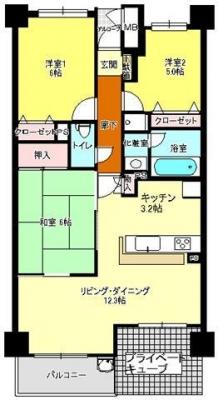Floor plan. 3LDK, Price 15.8 million yen, Footprint 68.8 sq m , Balcony area 12.42 sq m