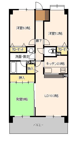 Floor plan. 3LDK, Price 13.8 million yen, Occupied area 62.08 sq m