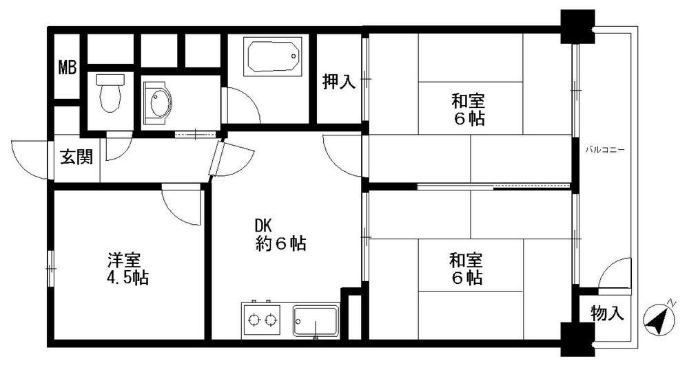 Floor plan. 3DK, Price 3.5 million yen, Occupied area 44.96 sq m , Balcony area 5.52 sq m Japanese-style room 6 quires Japanese-style room 6 quires DK about 6 Pledge Western-style 4.5 Pledge