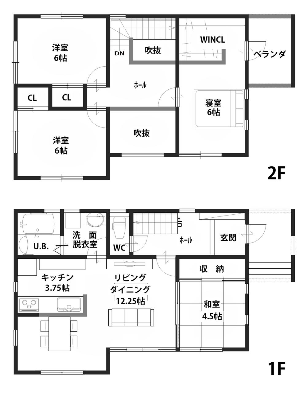 Building plan example (floor plan).  ■ Construction area 1F 52.998 sq m (16 square meters)      2F 46.374 sq m (14 square meters)  □ Total floor area   99.372 sq m (30 square meters)