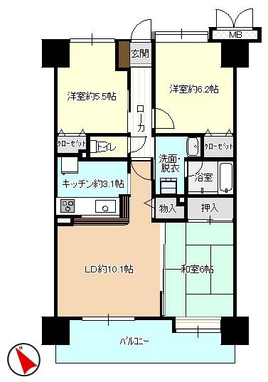 Floor plan. 3LDK, Price 12.8 million yen, Occupied area 66.88 sq m , Balcony area 10.56 sq m