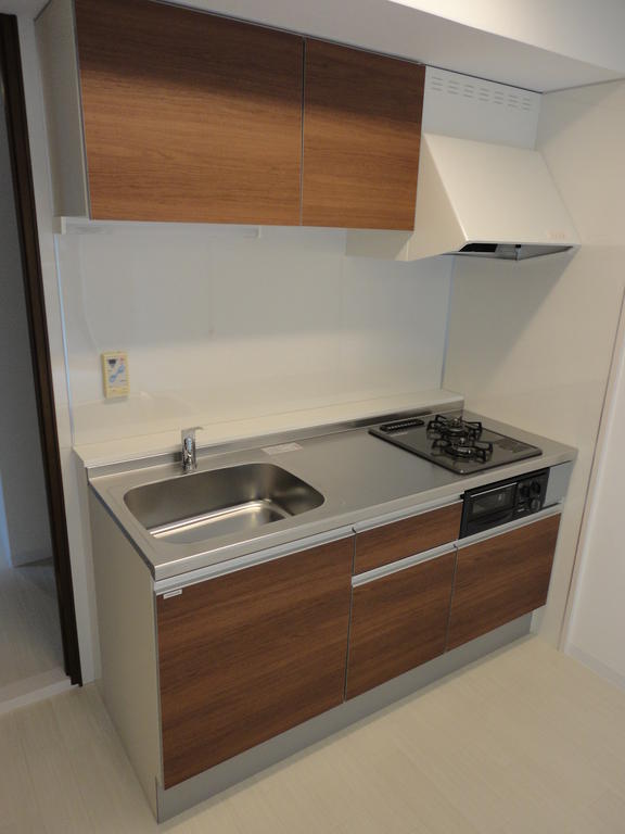 Kitchen. Stylish wood grain of the system kitchen. Built-in stove