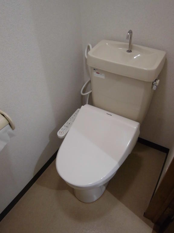 Toilet. Bidet. Convenient because there is also a shelf above
