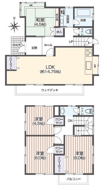 Floor plan. 16.5 million yen, 4LDK, Land area 146.18 sq m , From the building area 105.98 sq m portrait of living, Floor plan with a sense of openness that can be back and forth to the wood deck. 