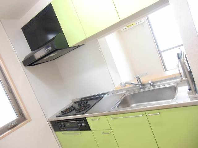 Kitchen. Bright green of 3-burner stove system kitchen with a window ☆