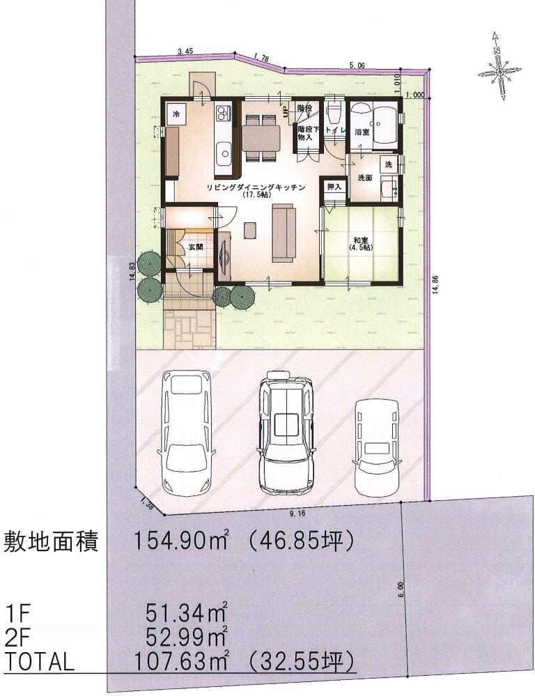 Floor plan. 35,637,000 yen, 4LDK + S (storeroom), Land area 154.81 sq m , Building area 107.63 sq m building plan example (9) No. land land + building Price: 35,770,000 yen land Price: 16,150,000 yen ※ Water and sewerage, City gas, It includes boundary block contributions. Building Price: 19,620,000 yen ※ Outdoor water supply and drainage, Soil improvement work, It includes building certification application fee.