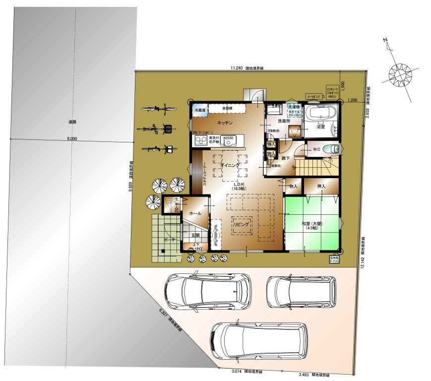 Floor plan. 33,240,000 yen, 4LDK + S (storeroom), Land area 157.65 sq m , Building area 109.7 sq m building plan example paragraph (1) areas of land + building Price: 33,240,000 yen land Price: 16,920,000 yen ※ Water and sewerage, City gas, It includes boundary block contributions. Building Price: 16,320,000 yen ※ Outdoor water supply and drainage, Soil improvement work, It includes building certification application fee.