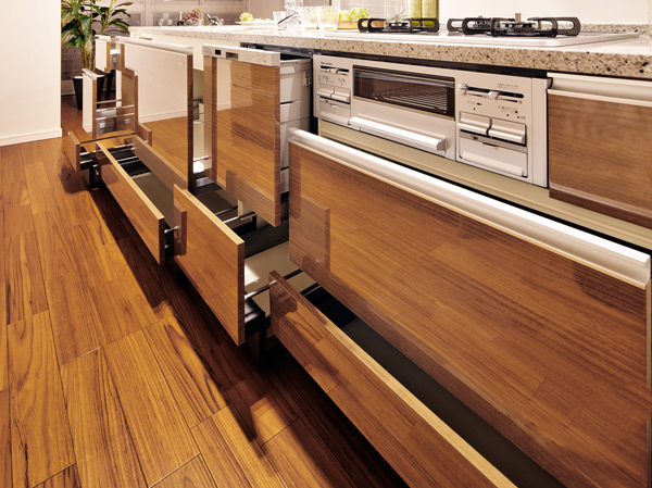 Kitchen.  [Baseboards with storage All slide type] Storage of system kitchens, Consideration of the use of, Also taken out smoothly cookware that was closed in the back, Also it fits reasonably cookware with a width. (Less than, All amenities are the same specification)