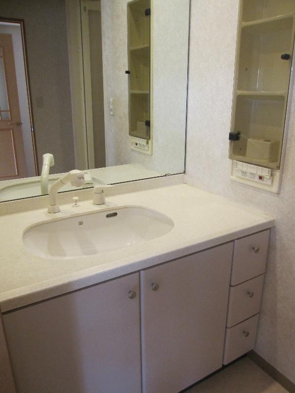 Wash basin, toilet. It is the washstand of the large mirror.
