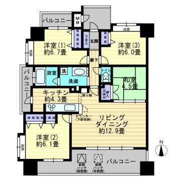 Floor plan. 4LDK, Price 23.2 million yen, Occupied area 82.72 sq m , Balcony area 16.89 sq m 14 floor southwest angle room.