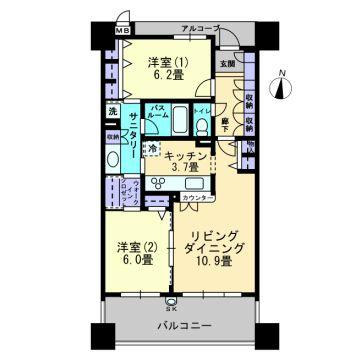 Floor plan. 2LDK, Price 16.3 million yen, Occupied area 65.28 sq m , Coherent easy-to-use is a good floor plan around balcony area 12.6 sq m water.
