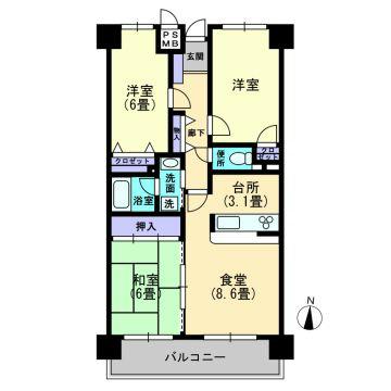 Floor plan. 3LDK, Price 7.8 million yen, Footprint 65.6 sq m , It is a good floor plan of coherent easy-to-use around the balcony area 9 sq m water.
