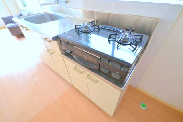 Kitchen. Two-burner gas stove is equipped with. 