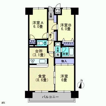 Floor plan. 3DK, Price 7.8 million yen, Proprietary is the area 65.6 sq m All rooms flooring upholstery.
