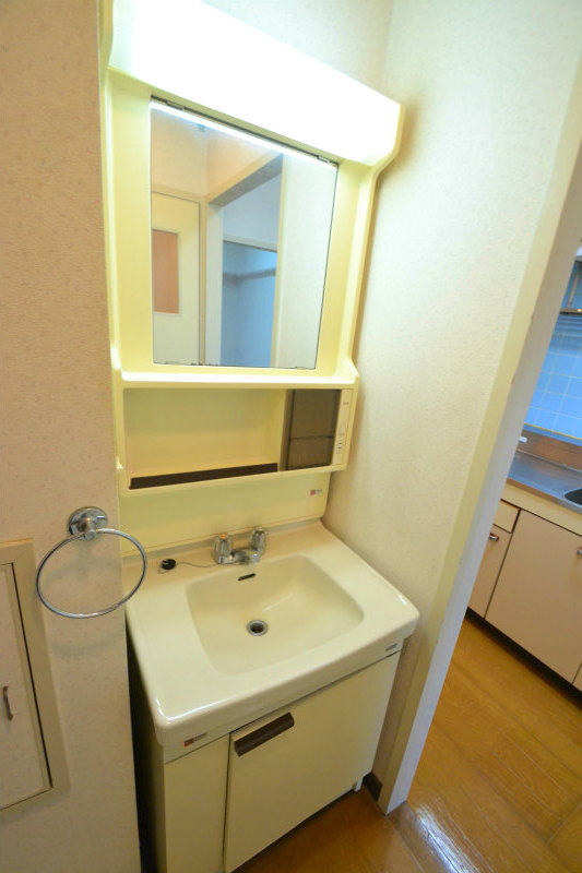 Washroom. Independent wash basin looks happy.