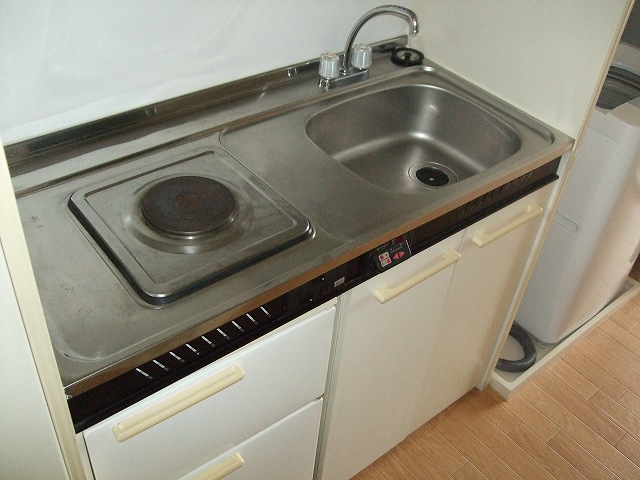 Kitchen. There are electric water heater next to the kitchen. 