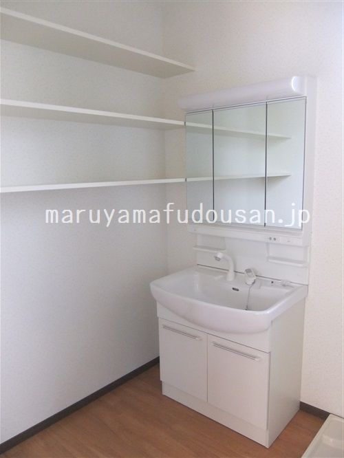 Washroom. Three-sided mirror Shampoo dresser, Storage shelves there