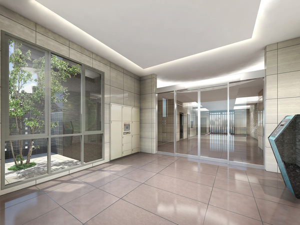 Buildings and facilities. Entrance to greet the people, Garden of trees swaying in the color tone of the soft tile, It was to cherish the calm feeling of air. From the moment that people also set foot to get to the road home, Friendly space where hot wear breath. (Entrance Rendering)