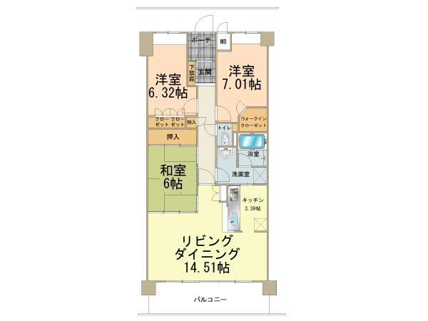 Floor plan. 3LDK, Price 21.3 million yen, Occupied area 82.38 sq m , Balcony area 12.64 sq m