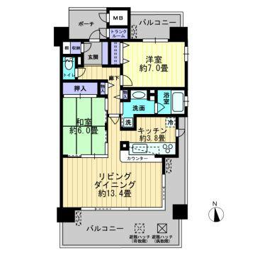 Floor plan. 2LDK, Price 19.3 million yen, Occupied area 69.75 sq m , Views on the balcony area 28.85 sq m southeast corner room, Day is good